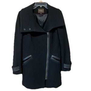Cole Haan Size 4 Black Wool Blend Leather Trim Woman's Coat